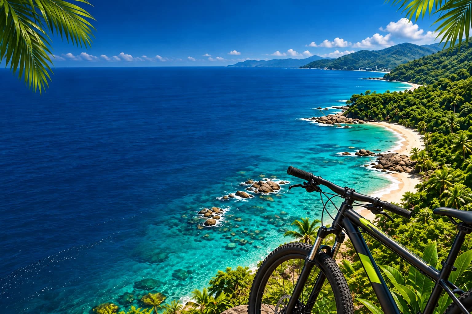 Ilustração de uma bike diante do mar azul e das praias do litoral